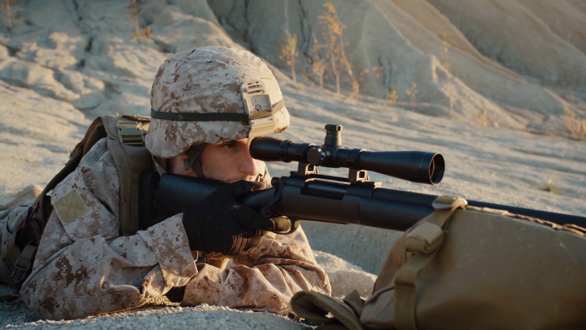Close-up Of Sniper Lies Down On Hill Aims Stock Footage SBV-352154082 ...