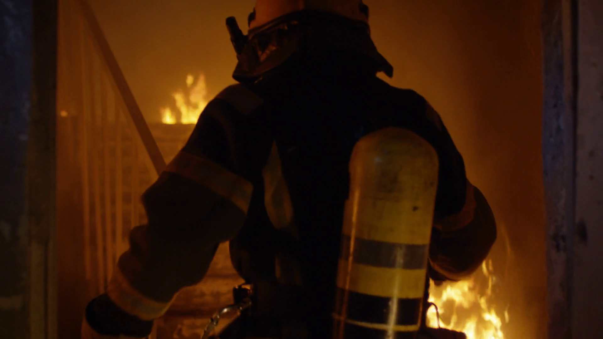 Brave Firefighter Runs Up Stairs Raging Fire Stock Footage SBV ...