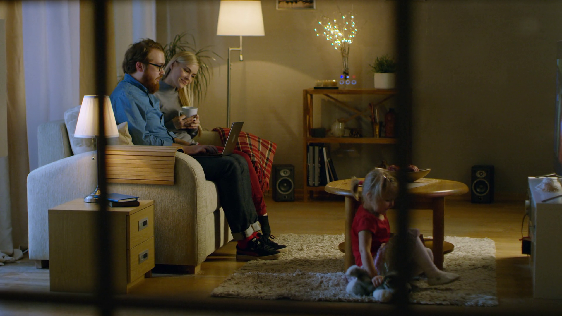Living Room In Evening Father On Sofa Works Stock Footage SBV-352240261 ...