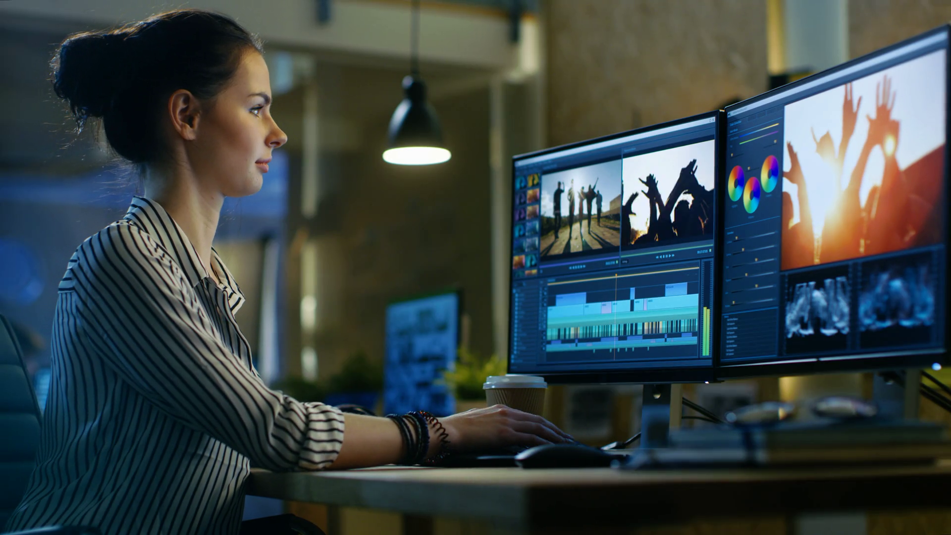 Female Video Editor Works With Footage Sound Stock Footage SBV ...