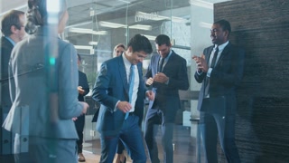 Diverse Group of Business People Celebrate Closing of the Deal and Dance. Funny and Friendly Theme.