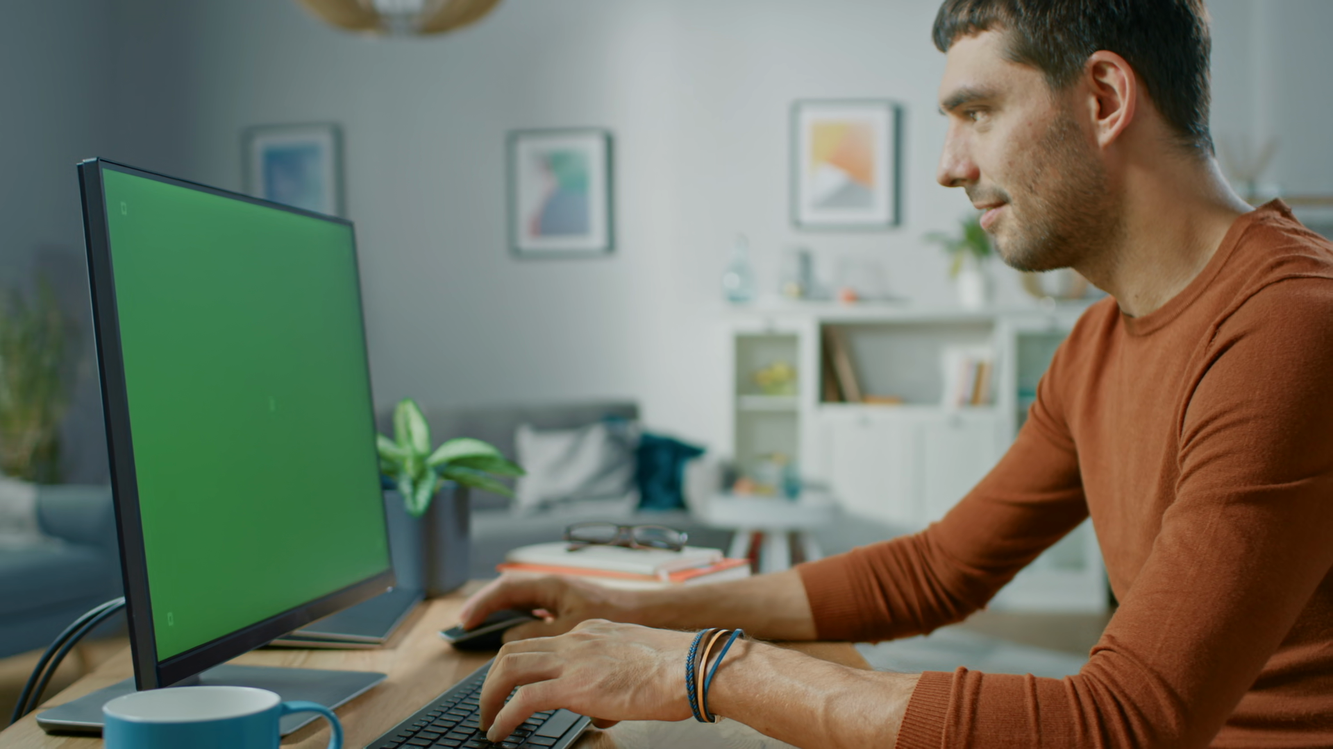 Handsome Man Sitting At Desk At Home Uses Stock Footage SBV-353725291 ...