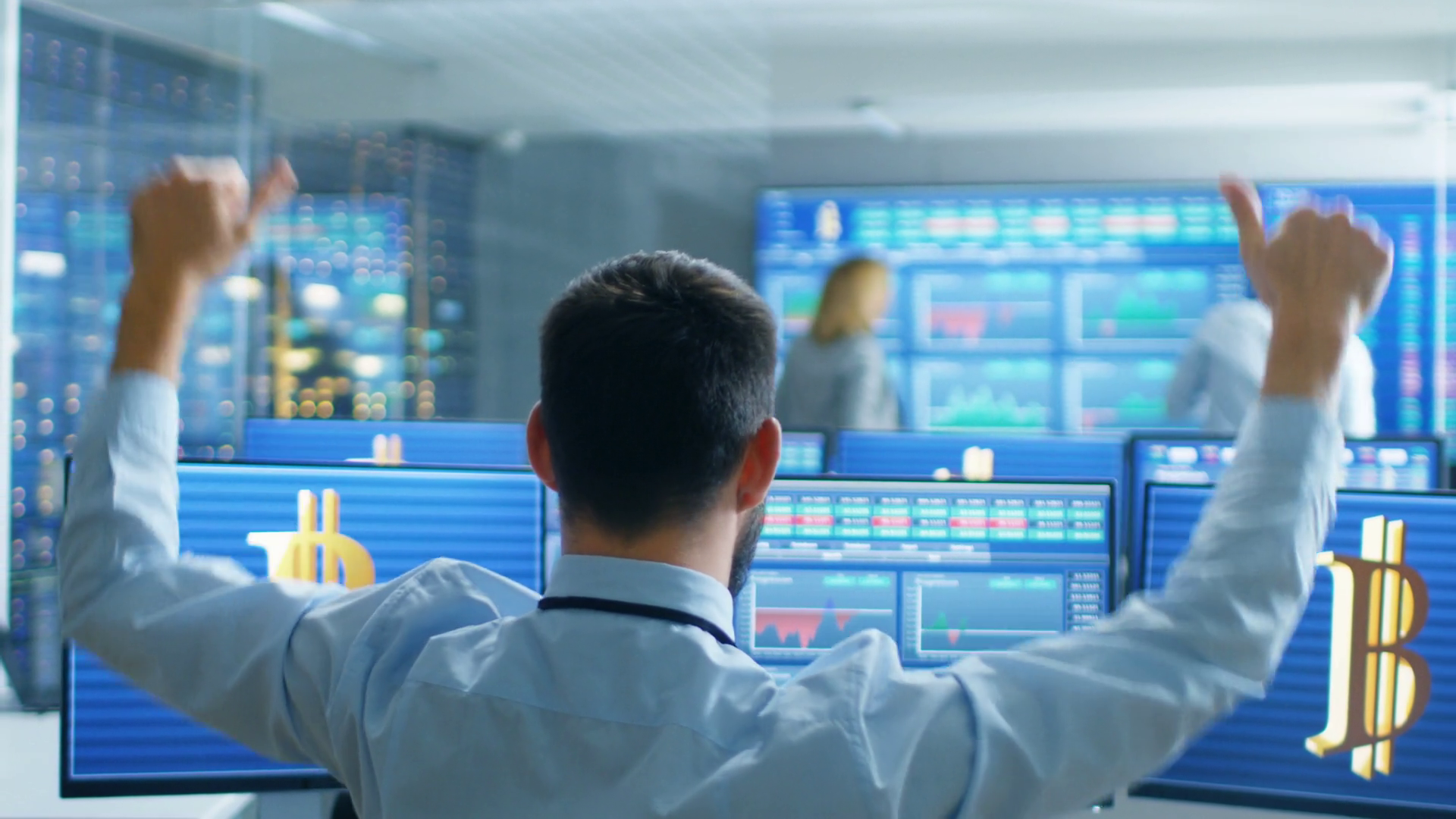 Back View Of Stock Trader Raising Arms In Stock Footage SBV-352915141 ...