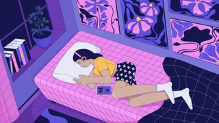 Sleepy lofi girl listening to music in artistic bedroom animation cartoon wallpaper. Young woman curled up in bed with headphones. Lo fi 2D animated background 4k video. Concept chill aesthetic