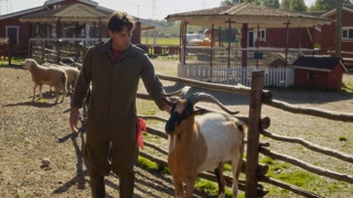 Young male animal caretaker in coveralls petting goat standing near wooden fence while tending livestock on farm during early autumn, slow motion