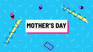 A vibrant and cheerful Mothers Day card, featuring bold shapes and playful colors on a blue background. The words Happy Mothers Day in pink and purple letters complete the fun design