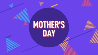 A vibrant greeting card for Mothers Day, featuring a colorful geometric design on a purple background, and the text Happy Mothers Day in the center. 