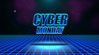 Cyber Monday with neon blue grid in galaxy in 90s style, motion abstract holidays, club and entertainment style background