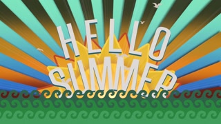 Hello Summer with fly birds and sun rays on waves of ocean, motion promotion, summer and retro style background