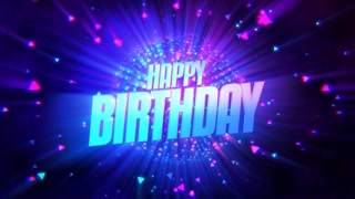 Happy Birthday with disco ball and confetti in galaxy, motion abstract holidays, futuristic and cyberpunk style background