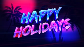 Happy Holidays with tropical palms and neon light in night, motion abstract holidays, futuristic and retro style background