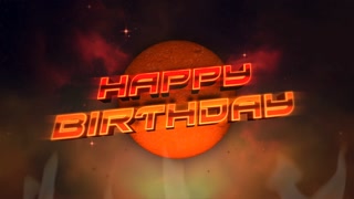 Happy Birthday with red ball in hell with fire, motion abstract holidays, futuristic and cyberpunk style background