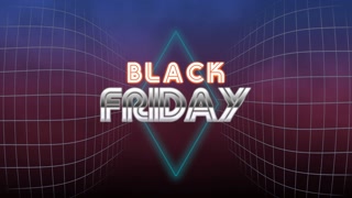 Black Friday with retro neon diamond and grid in dark galaxy, motion abstract holidays, retro and business style background