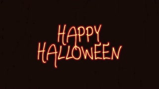 Happy Halloween with neon effect text on dark space, motion holidays, horror and Halloween style background