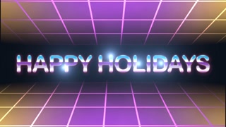 Revisit the retro holiday vibes of the 80s, where Happy Holidays gleams amidst neon grids and a sparkling galaxy expanse