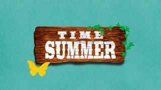 Summer Time on wood with butterfly and flowers, motion promotion, summer and retro style background