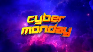 Set against the mesmerizing expanse of a purple-clouded galaxy, the Cyber Monday cartoon text shines, promising otherworldly deals amidst the stars