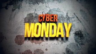 A playful Cyber Monday cartoon text emerges from a grey grungy backdrop, accentuated by random splashes hinting at unexpected deals