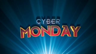 A whimsical Cyber Monday stands out vibrantly against a sunlit retro blue pattern, bringing modern deals with a touch of nostalgia