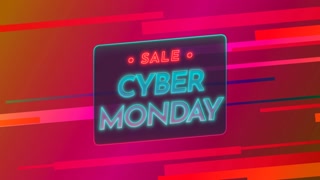 Cyber Monday with neon stripes on red gradient, motion abstract disco, club and holidays style background