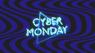 Cyber Monday text with neon triangle on black waves gradient, motion abstract disco, club and holidays style background