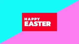 A vibrant background with a colorful triangle borders one side, while Happy Easter is spelled out in white on the other side