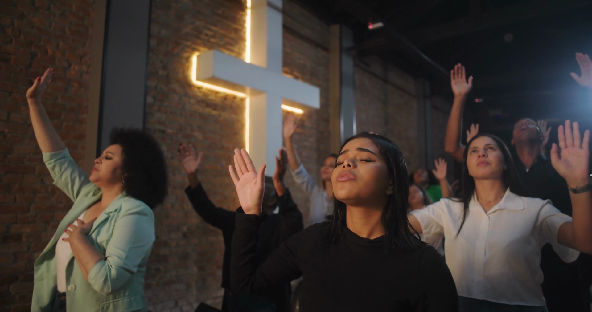 Diverse Worshippers Raising Hands In Worship Stock Footage SBV