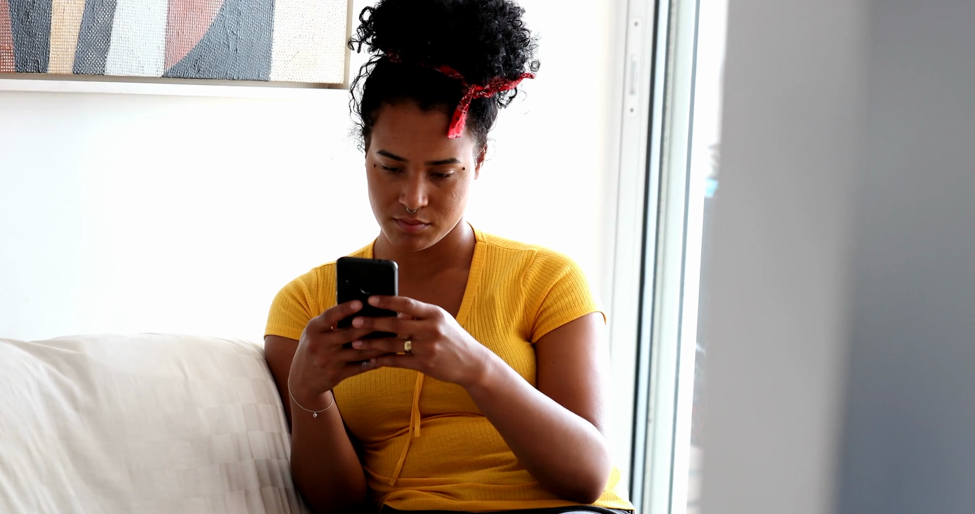 Candid Serious Woman Making Call At Home Stock Footage SBV348483646