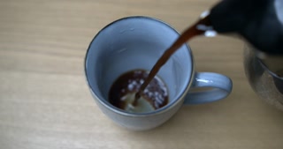 Slow Motion Pour Of Coffee Into Mug At 800 Fps Serving Rich Black Morning Beverage