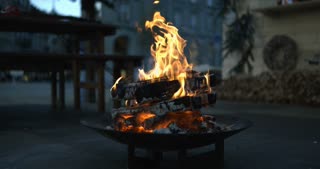 Urban Bonfire In European City Center To Stay Warm During Winter Festivities In December Glowing Ember Flames Captured In Super Slow Motion At 800 Fps