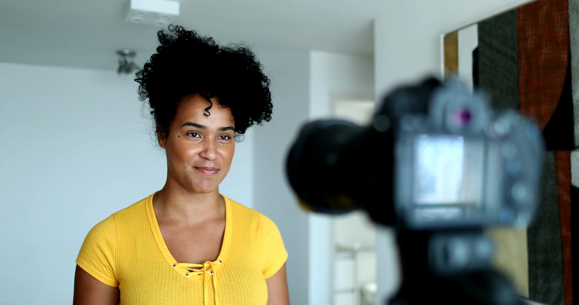 Woman Giving Testimony In Front Of Camera Stock Footage SBV348483359(04)