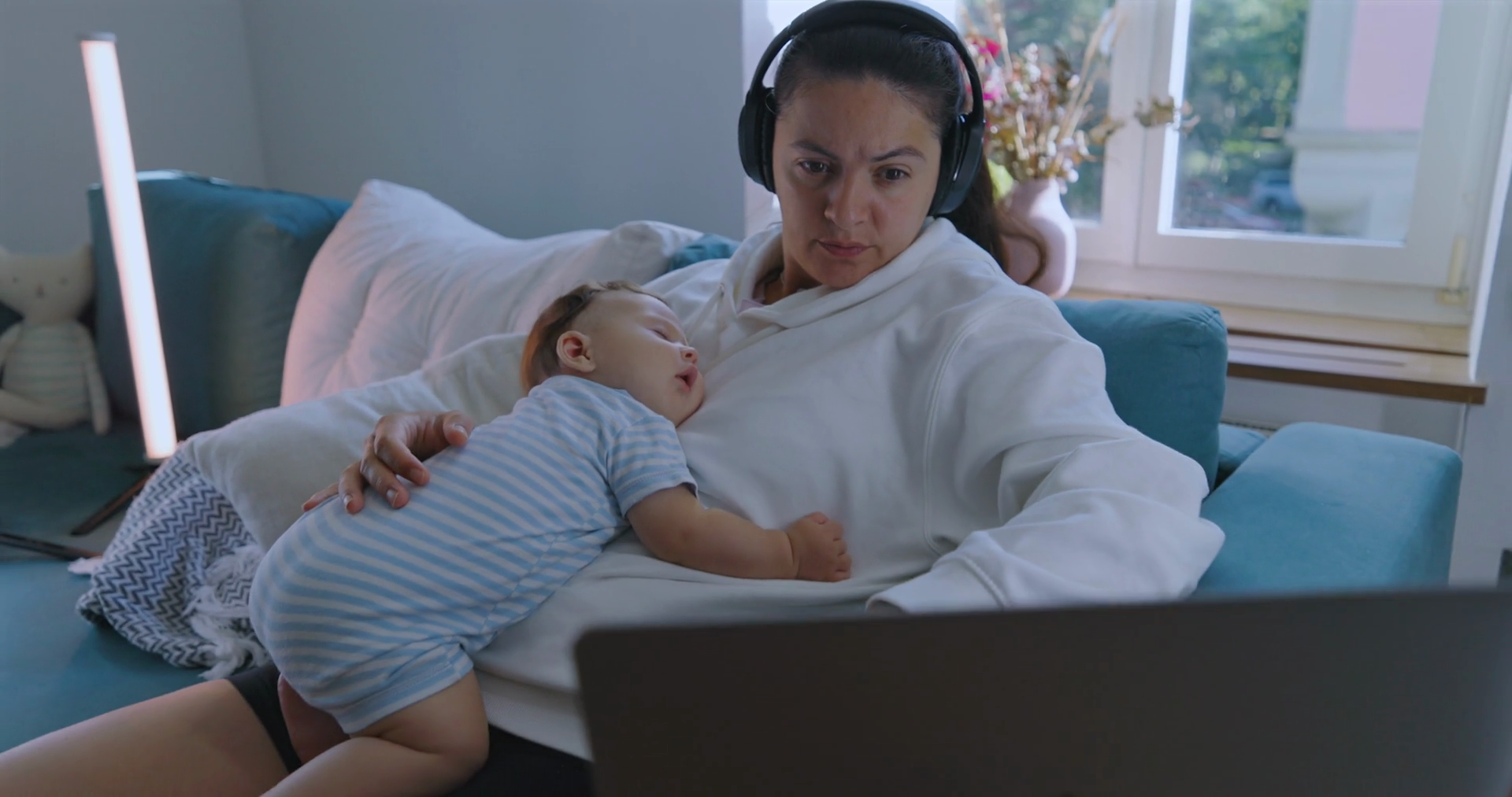 Mother Multitasking With Baby Sleeping On Stock Footage SBV-349243534 ...
