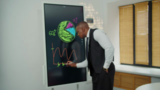 African American Businessman presenting financial charts on digital screen