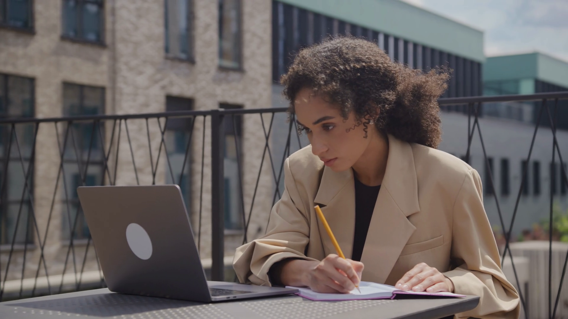 Woman Making Notes Working On Laptop Outside Stock Footage SBV ...