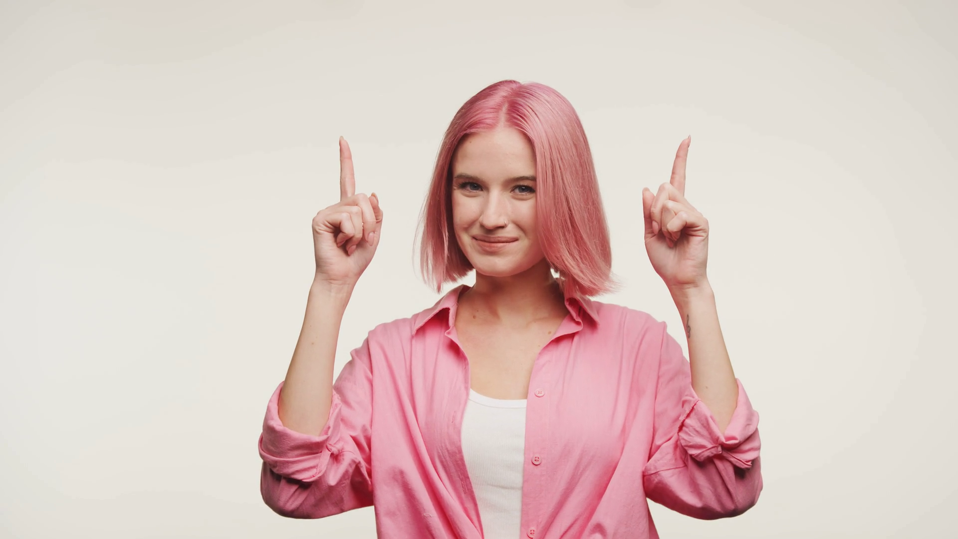Woman In Pink Pointing Up Gesture On White Stock Footage SBV-348677509 ...