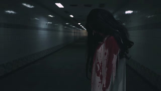 bloodthirsty girl hair covering face and eye reach arm out