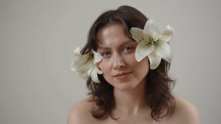 An Elegant Portrait Capturing a Beautiful Woman Surrounded by Delicate White Flowers. A serene portrait of a woman adorned with white lilies, highlighting the harmony of beauty and nature