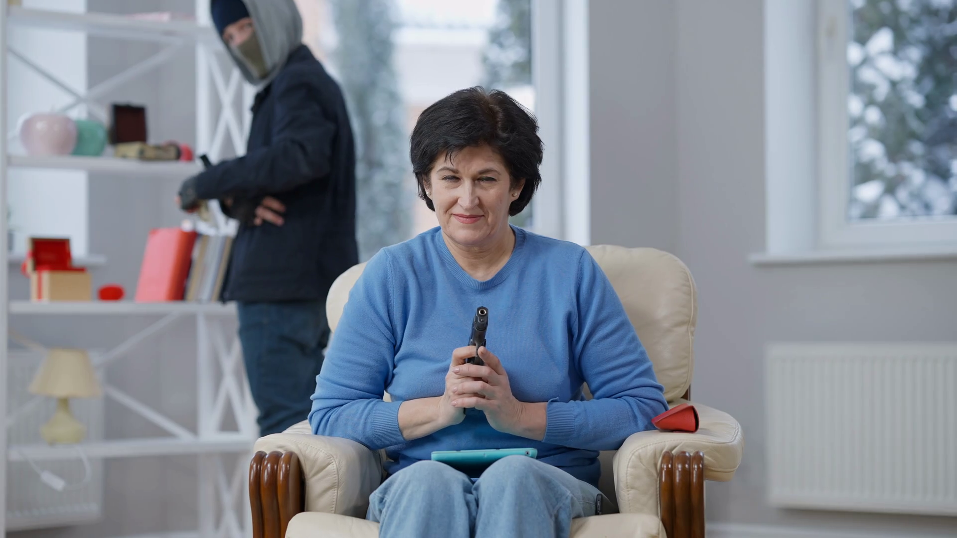 Confident Caucasian Woman Sitting With Gun Stock Footage SBV-346448491