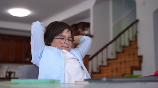 Satisfied intelligent schoolboy waving goodbye at video chat closing laptop leaning back on chair. Portrait of happy smart Caucasian boy in eyeglasses enjoying remote education.