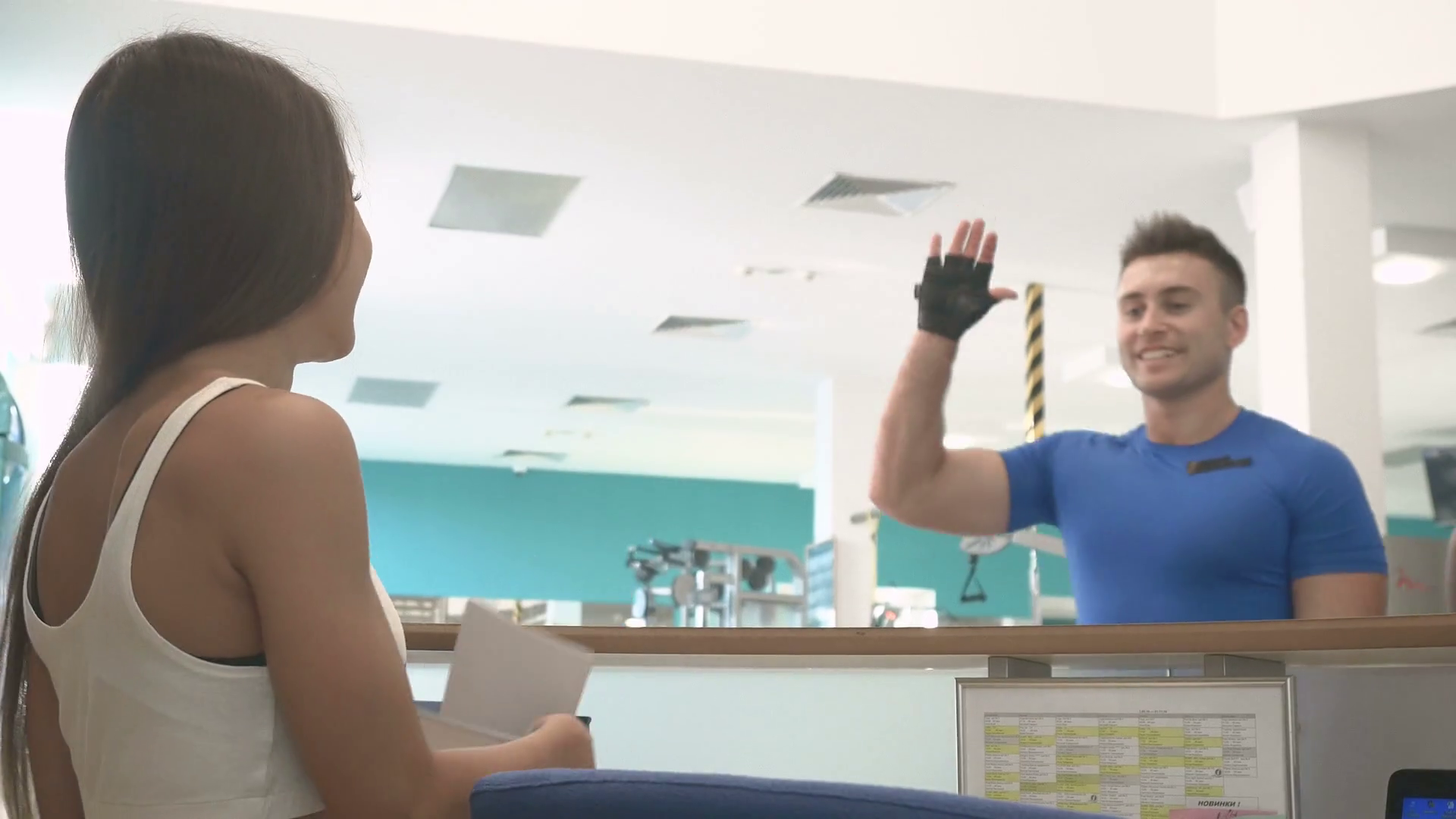 Athletes Coming To Reception Desk In Gym Stock Footage SBV314410471