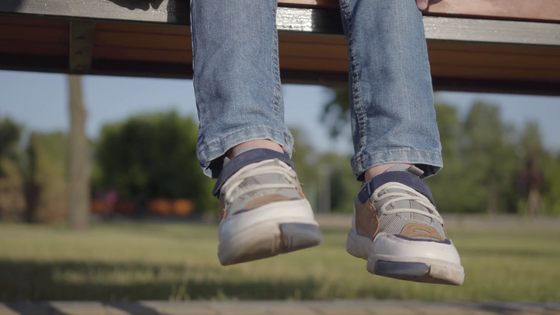 Child's Feet On Bench Adorable Kid Enjoying Stock Footage SBV