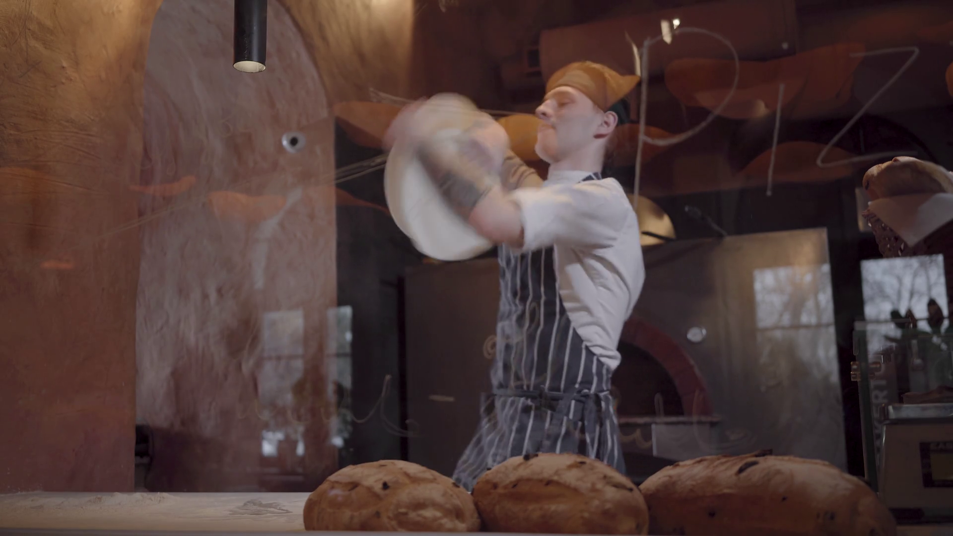 Skilled Chef Spinning Tossing Pizza Dough In Stock Footage SBV
