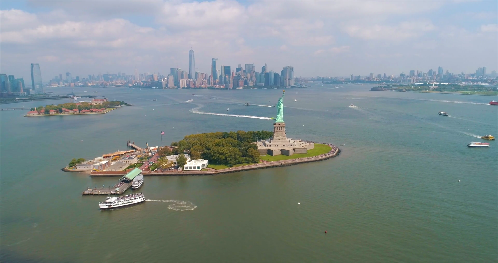 Aerial Statue Of Liberty New York City Skyline Helicopter Tour Stock