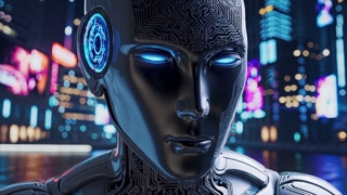 Artificial Intelligence Robot Looking At A City Skyline At Night Futuristic Ai Robot