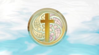 3d video of a golden cross on a stained glass window with a celestial cloud background.