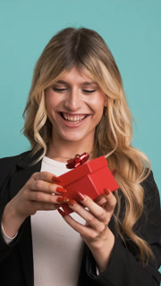 Excited transgender businesswoman opening small gift box and looking at camera while standing against blue background