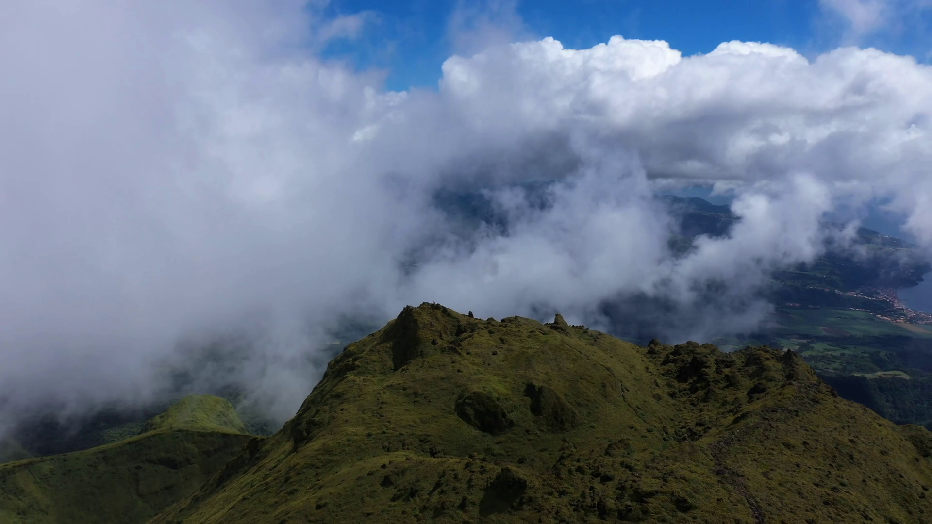 Pelee mountain aerial view in the clouds Martinique west indies volcano