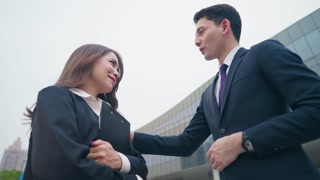 Boss praised his employee for satisfied work she did, caucasian company boss appreciated for skills and professional achievements of his secretary, staff respect promotion, get positive feedback