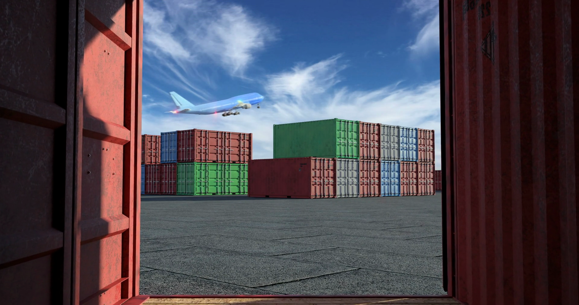 Cargo terminal is a lot of shipping containers and taking off airplane