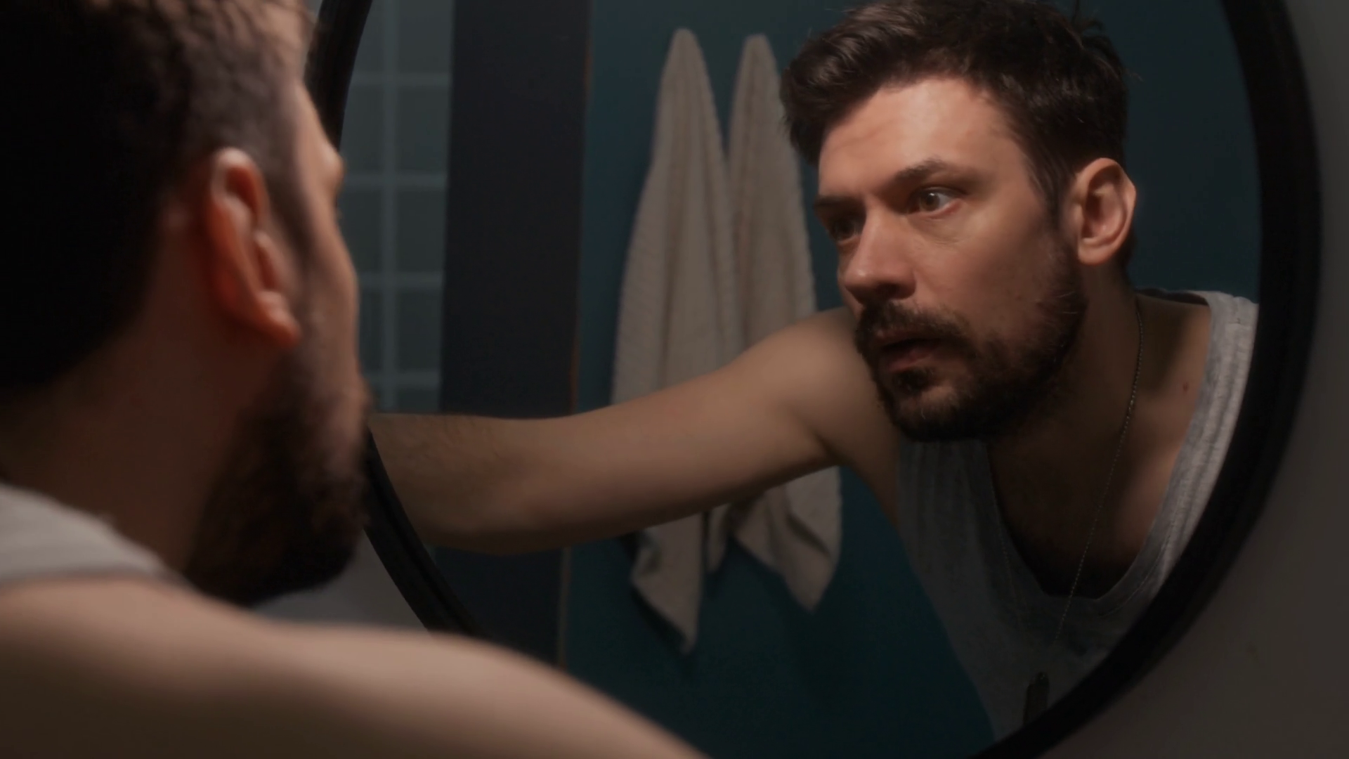 Delusional Man Looking In Bathroom Mirror At Stock Footage SBV ...